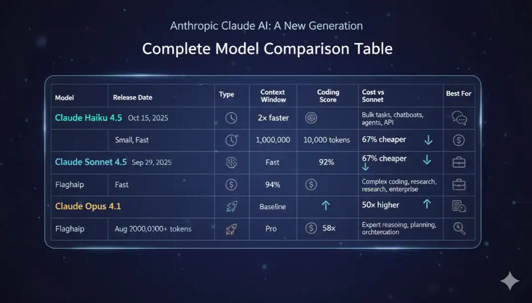 Anthropic Claude AI model comparison table: Haiku, Sonnet, Opus. Context window, coding score, & cost info.